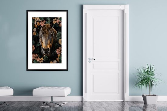 Affiche avec cadre Cheval - Fleurs - Feuilles - 80x120 cm