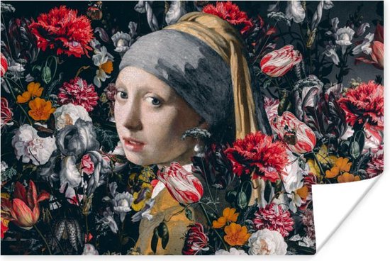 Poster Meisje met de parel - Johannes Vermeer - Bloemen - 30x20 cm