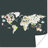 Muurdecoratie - Wereldkaart Kinderen - Illustraties - Kleuren - 50x50 cm - Poster