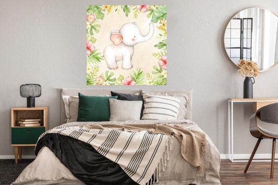 Affiche Jungle - Chambre d'enfants - Fleurs - Éléphant - 100x100 cm XXL