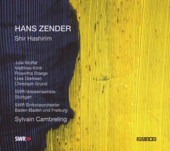 Cd-hoes van Hans Zenders Shir Hashirim met een abstracte blauwe en gele textuur en namen van uitvoerende artiesten.