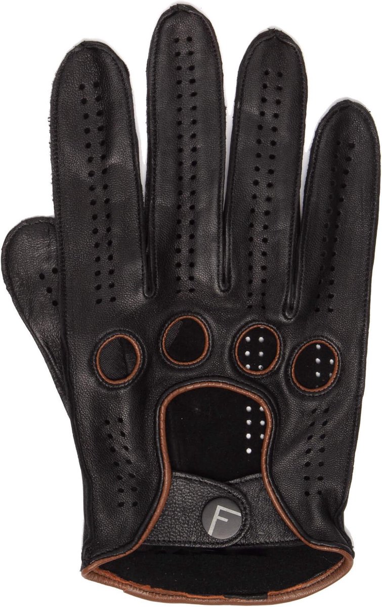 Driving gloves Heren - 100% Zacht schaapsleren handschoenen - F1 Handschoenen Auto Cabrio  - Leren Race Handschoenen Volwassen - Touchscreen compatible - Cadeau voor autoliefhebber - Zwart / Bruin