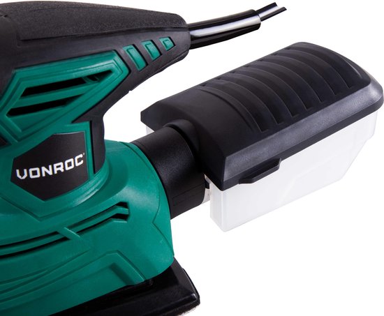 Close-up van de groene VONROC multislijper met zwarte stofopvangbak.