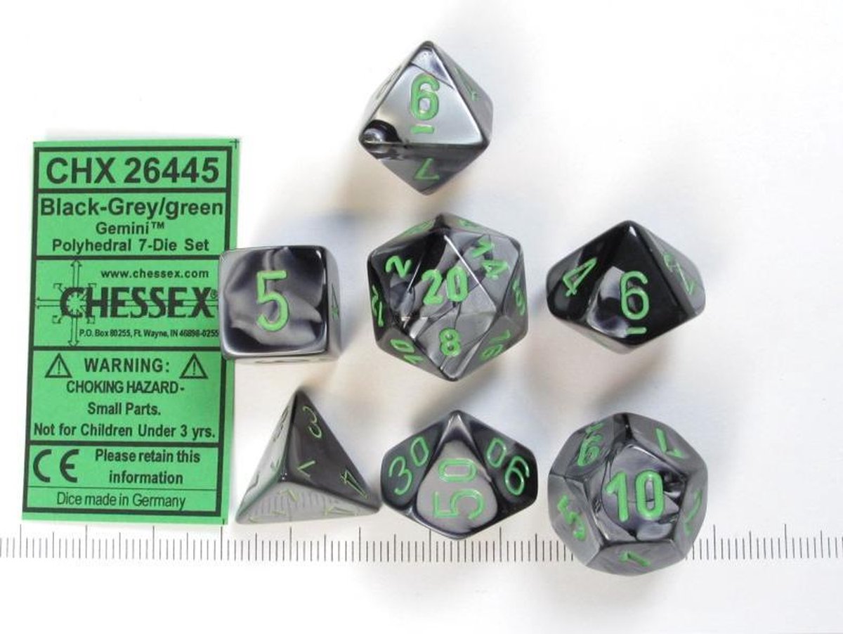 Chessex Gemini zwart-grijs-groen Polydice Dobbelsteen Set (7 stuks)
