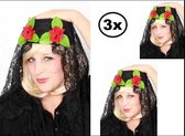 3x Spaanse hoed met kant + bloem - Spanje carnaval optocht hoed hoofddeksel landen roos