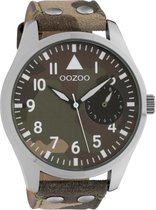 OOZOO Timepieces - Zilverkleurige horloge met camouflage leren band - C10326