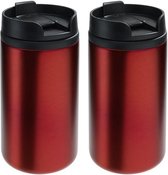 2x Thermosbekers/warmhoudbekers metallic rood 290 ml - Thermo koffie/thee isoleerbekers dubbelwandig met schroefdop