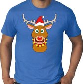 Grote maten fout Kerst t-shirt - Rudolf het rendier met kerstmuts - blauw voor heren -  plus size kerstkleding / kerst outfit 3XL