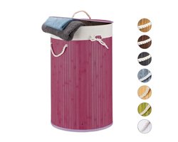 wasmand bamboe - 70 l - opvouwbaar - met deksel en katoenen waszak - Ø 41 cm - paars