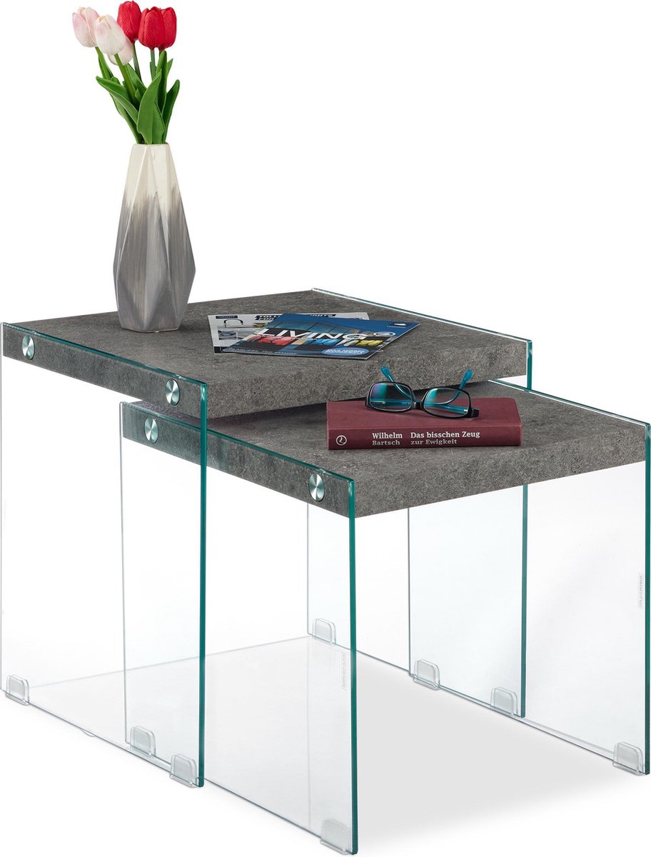 Relaxdays bijzettafel set van 3, stapelbaar, mimiset, 3 groottes, vierkant, metaal, woonkamer, binnen, lichtbruin/zwart