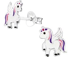 foto van zilveren kinder oorstekers in de vorm van een eenhoorn paars | Unicorn kinderoorbellen meisje zilver | Zilverana |Sterling 925 Silver (Echt zilver)