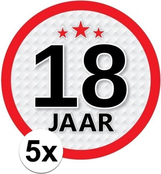 5x 18 Jaar leeftijd stickers rond 15 cm - 18 jaar verjaardag/jubileum versiering 5 stuks