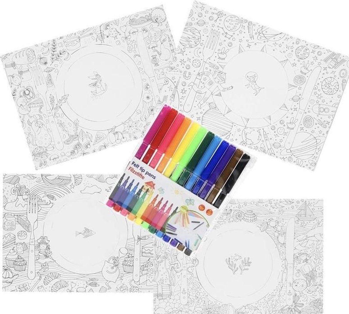 20x Knutsel papieren placemats om in te kleuren en 12 kleur stiften voor kinderen - Knutselmateriaal placemat inkleuren