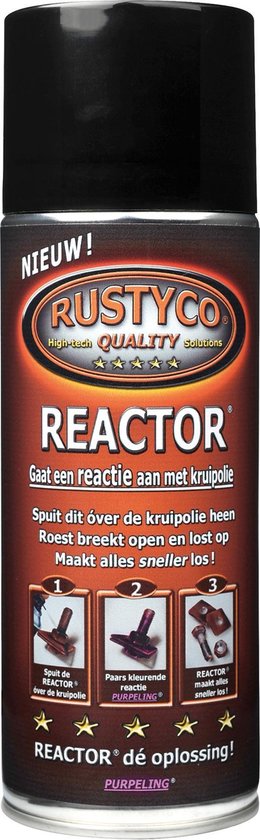 Zwarte spuitbus Rustyco REACTOR, met driedelige instructies en gele sterren.