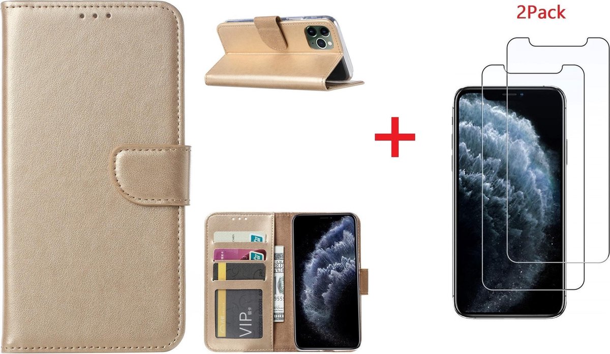 Hoesje Geschikt voor iPhone 11 Portemonnee hoesje + 2X Screenprotector - Goud