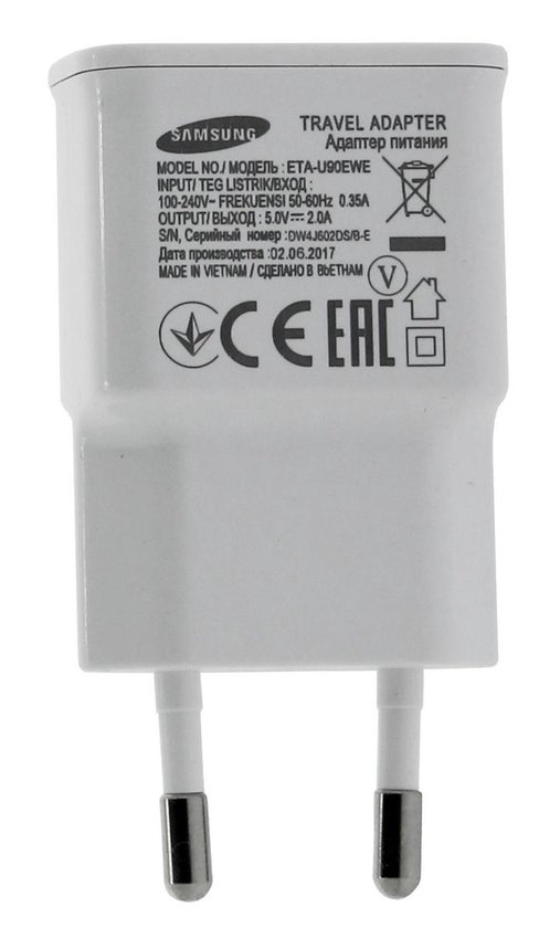 Witte Samsung reisadapter ETA-U90EWE met EU-stekker. Input: 100-240V, Output: 5.0V --- 2.0A.
