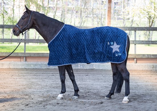 Donkerblauwe fleecedeken met sterrenpatroon, geborduurd met een zilveren ster.