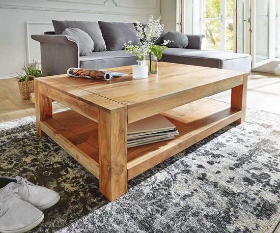 Table basse Indra acacia nature 120x70 cm bois massif avec étagère table  basse | bol