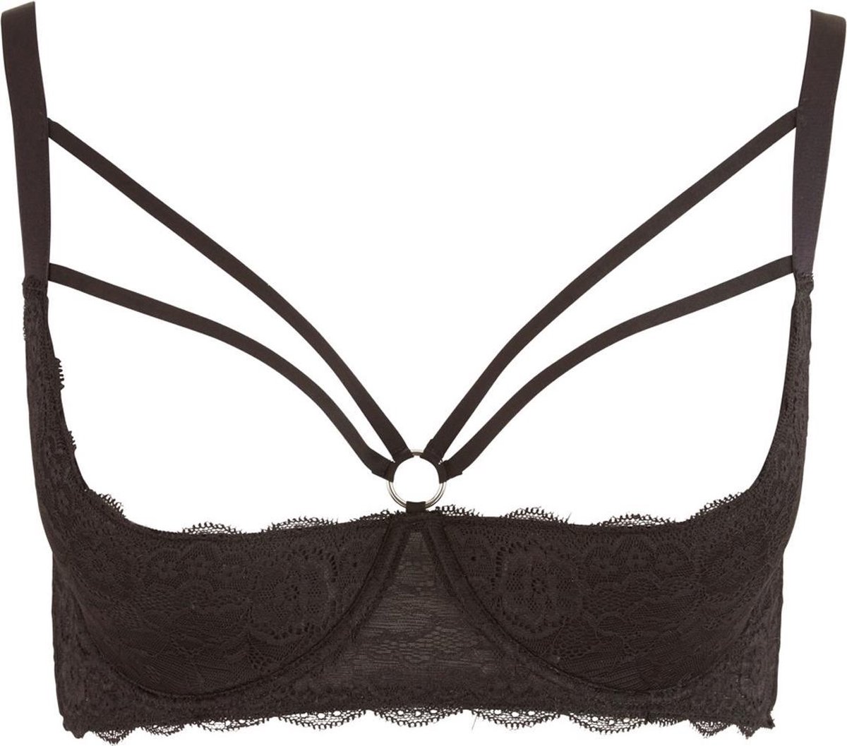 Cottelli Plus Size – Kanten Riem Top Beha met Licht Gevoerde Open Cups en Stijlvolle Buste Ring – Maat 85F – Zwart