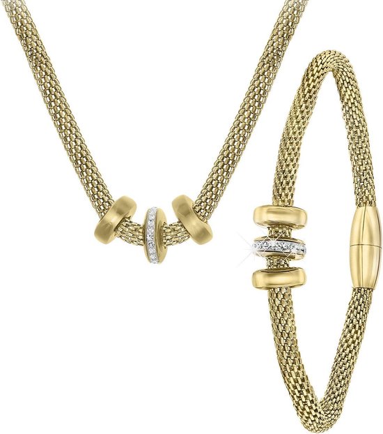 Stalen goldplated ketting&armband 3ringen kristal