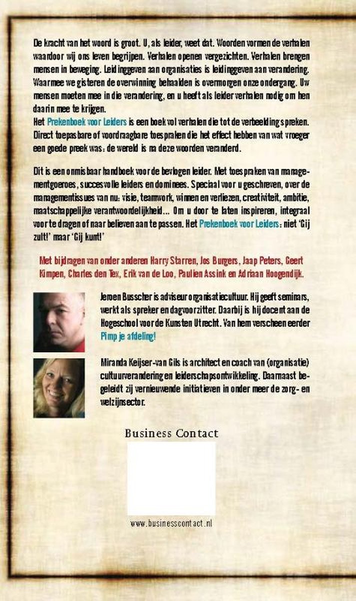 Achterkant van het boek 'Prekenboek voor Leiders' met tekst en foto's van de auteurs.