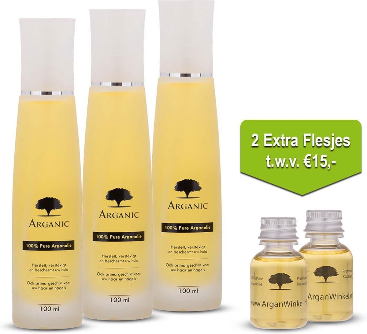 Goedkoopste Voordeelbundel 3 Glazen Flessen Pure Arganolie 100ml