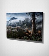 Deers Near Mountain Canvas - 100 x 70 cm - Landschap - Schilderij - Canvas - Slaapkamer - Wanddecoratie  - Slaapkamer - Foto op canvas