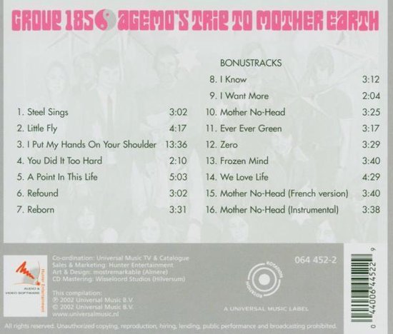 Achterkant albumhoes met tracklist: "Agemo's Trip to Mother Earth".