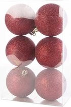 6x Donkerrode kunststof kerstballen 8 cm - Glitter - Onbreekbare plastic kerstballen - Kerstboomversiering donkerrood