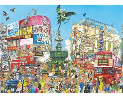 King Komische  Puzzel -Engeland Londen  Piccadilly Circus - Cartoon Legpuzzel 68 x 49 cm 1000 Stukjes