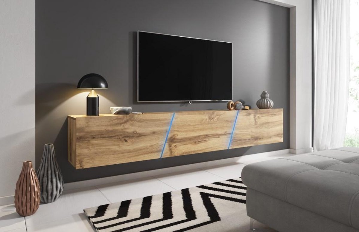 Zwevend Tv Meubel Eiken 240 cm – Hangend TV meubel met Led Verlichting –  Houten TV... | bol.com