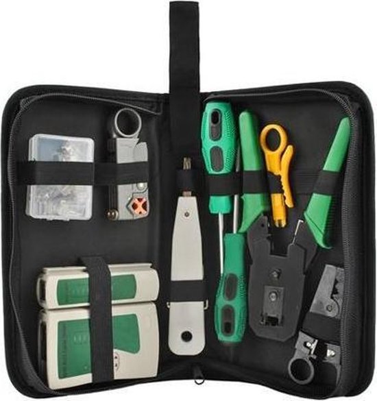 Kit de testeur de réseau - Testeur de câble RJ45 / RJ12 / RJ11 / Cat5 / Cat5e / Cat6 / UTP avec outil de sertissage et outil LSA - Test de connexion téléphonique et Internet - Avec étui de rangement