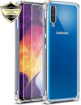 Hoesje Geschikt voor: Samsung Galaxy A50 - Anti Shock Hybrid Case & 2X Tempered Glas Combi - Transparant