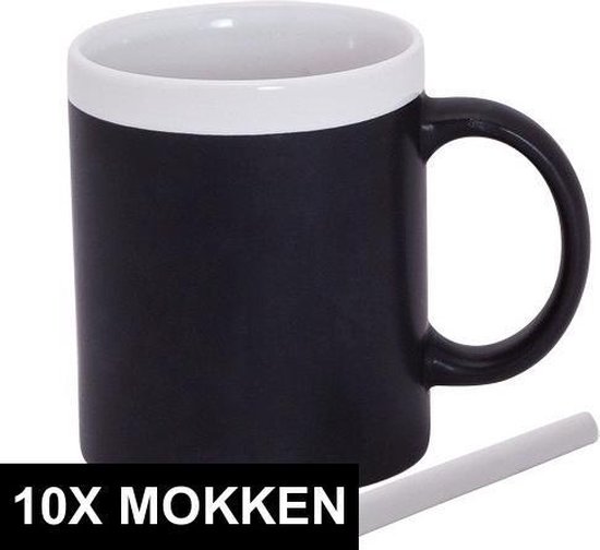 10x stuks Krijtbord koffie mokken in het wit - beschrijfbare koffie/thee mok/beker  -... | bol.com