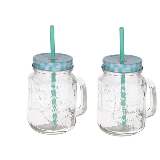 2x Mason jar drinkglas met blauw deksel en rietje 500 ml - Smoothie bekers  - Mason... | bol.com