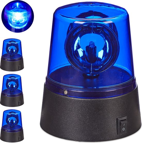 Relaxdays 4x LED zwaailicht blauw - batterijen - zwaailamp - feestverlichting reflectoren