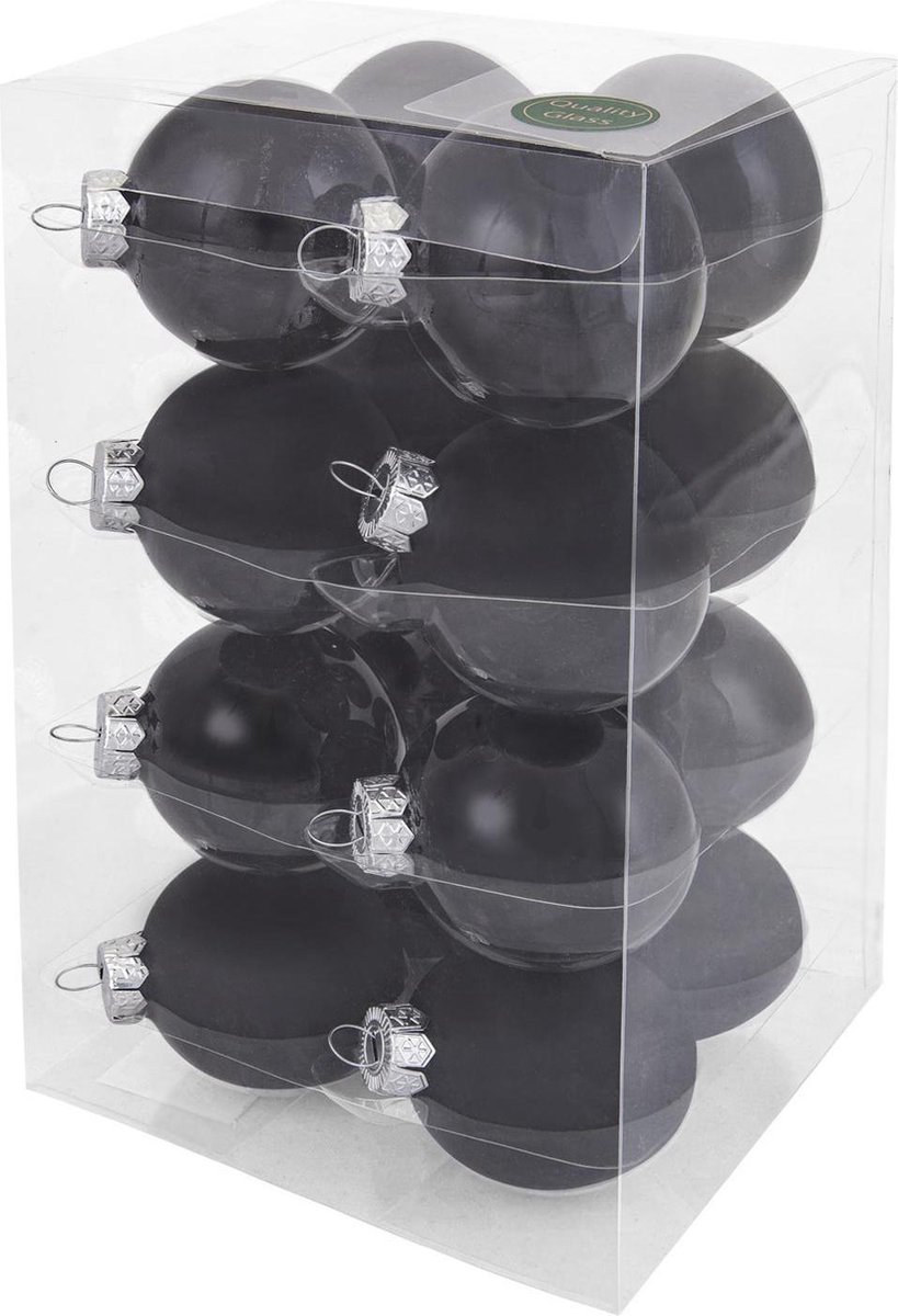 Glas kerstballen - 8 cm - 16 stuks - zwart