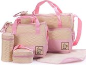 Luiertas 5-delig roze/beige met stipjes / Bestaande uit luiertas handtas flessentas toilettas en verzorgingsmat / Nylon