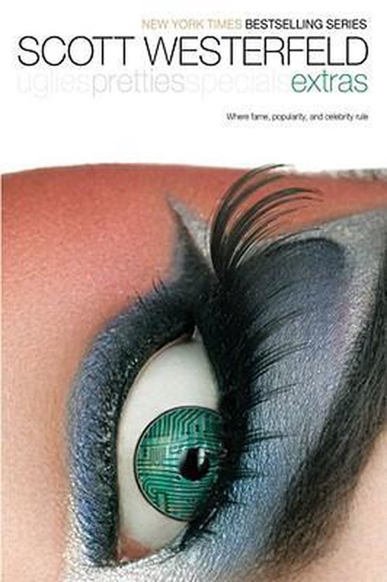 Boekomslag met een close-up van een oog met futuristische make-up en een chip in de iris. Scott Westerfeld, 'Extras'.