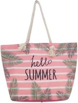 Sac de plage rose / blanc Hello Summer 54 cm - Sacs de plage / sacs à bandoulière rose avec blanc - Shoppers / sac d'été