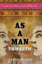 Boekomslag van 'As a Man Thinketh' door James Allen, met twee getekende gezichten en een tekstbanner 'Meer dan twee miljoen exemplaren verkocht'.
