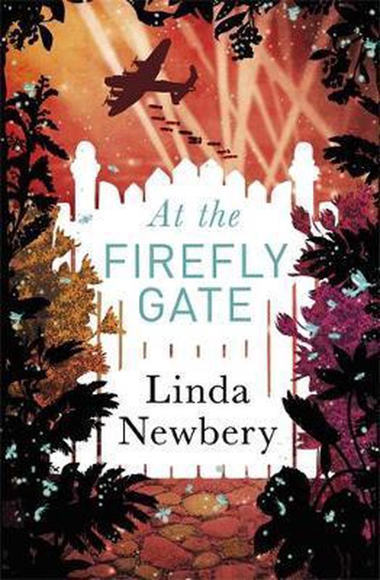 Boekomslag van 'At the Firefly Gate' met een bommenwerper in de lucht, een poort en silhouetten van planten.
