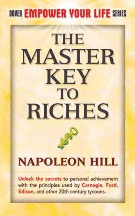 Boekhoes van The Master Key to Riches, met gouden dollarteken-sleutel. Geschreven door Napoleon Hill.