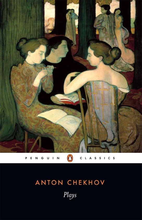 Couverture du livre 'Plays' d'Anton Tchekhov, avec une peinture de trois femmes dans un jardin.