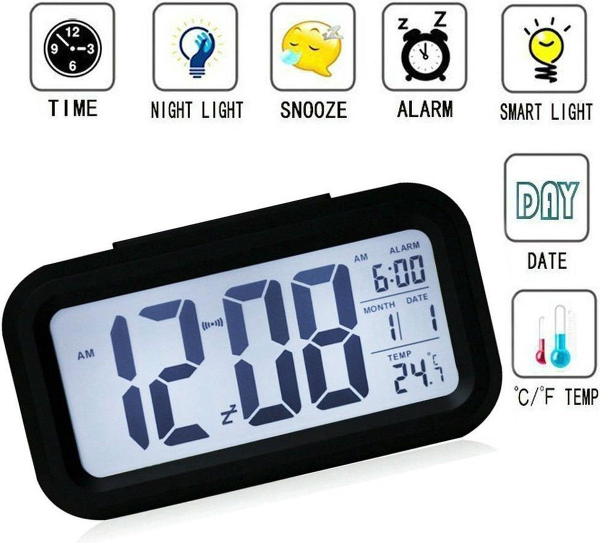 Braun Digital Alarm Clock with Date Month and Temperature Display Negative LCD Display Quick Set Crescendo Beep Alarm in Black, Model BC10B Braun Digital Alarm Clock with Date Month and Temperature Display Negative LCD Display Quick Set Crescendo Beep Alarm in Black, Model BC10B