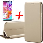 Hoesje geschikt voor Samsung Galaxy A70 - Screen Protector FullGuard - Book Case Leer ThinShield Goud & Screenprotector