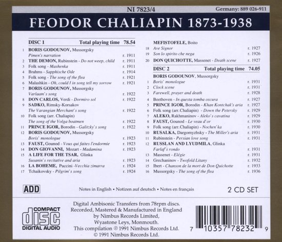 CD-boekje met tracklist van Feodor Chaliapin 1873-1938, met 2 CD's.