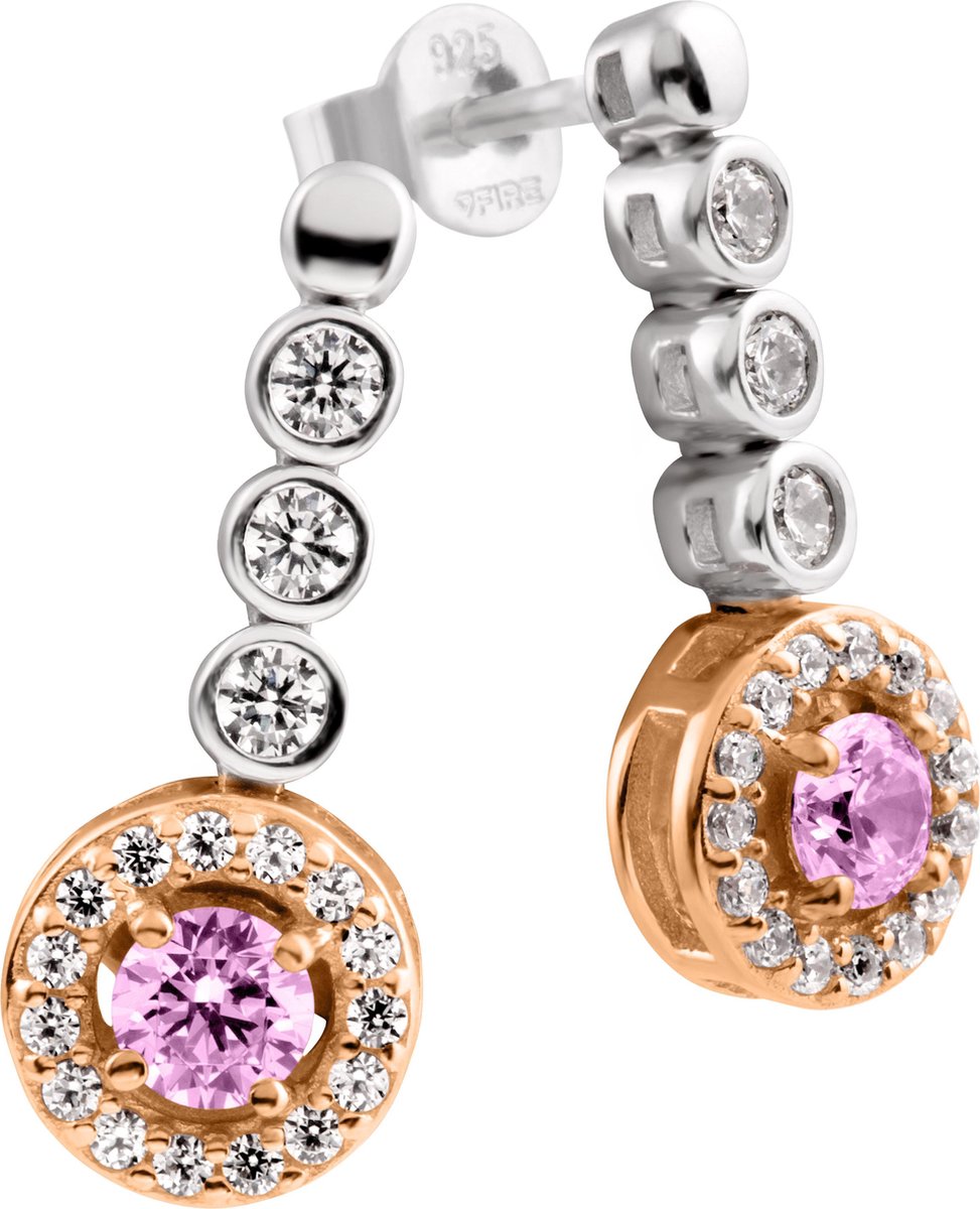 Diamonfire - Zilveren oorhangers Bridal - Rosegoudverguld - Roze - Zirkonia - Rond