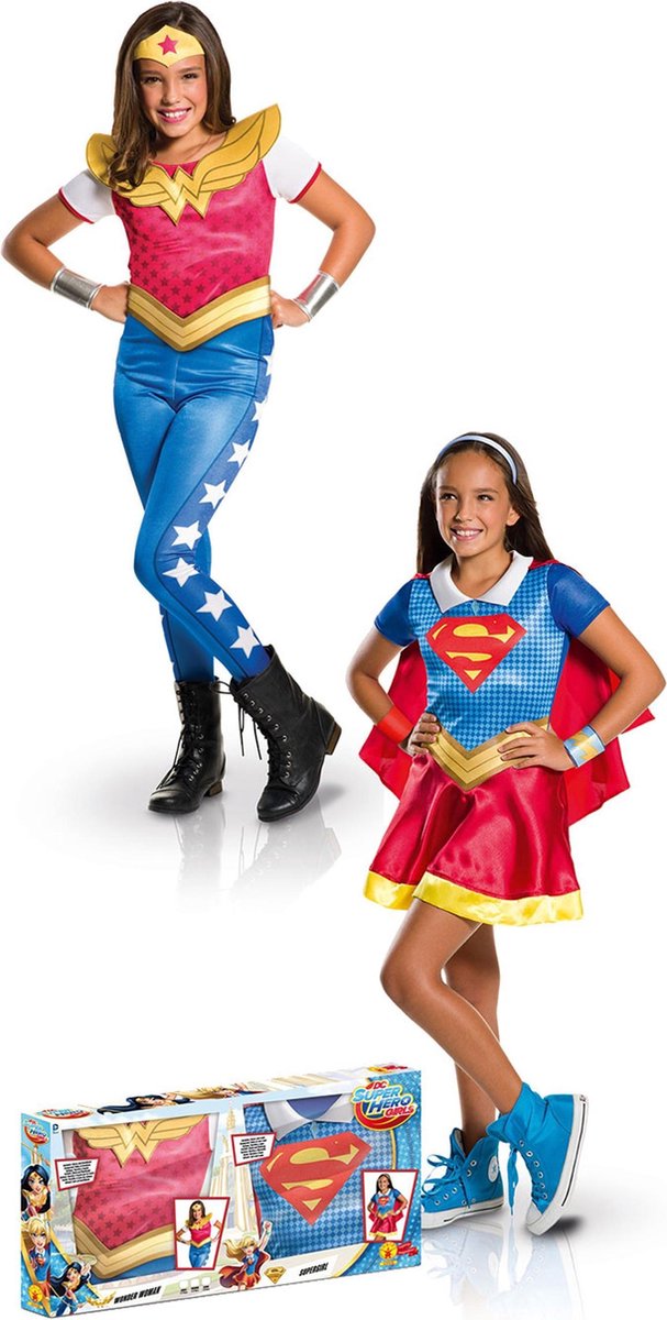 Supergirl™ en Wonder Woman™ kostuum set voor meisjes - Verkleedkleding