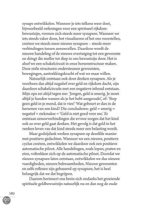 Pagina met tekst over synapsen en geld. Behandelt de hersenstructuur en nieuwe denkpatronen.